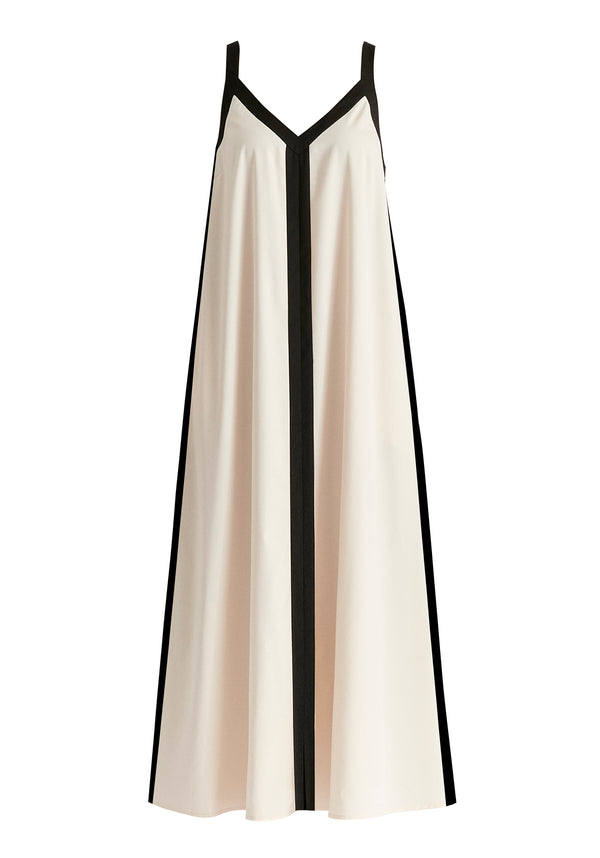 Contrast Trim Midaxi Dress in Beige and Black Cutout